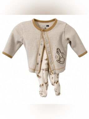 Vitamins Baby Beige & White Rocking Horse One-Piece Bodysuit Set